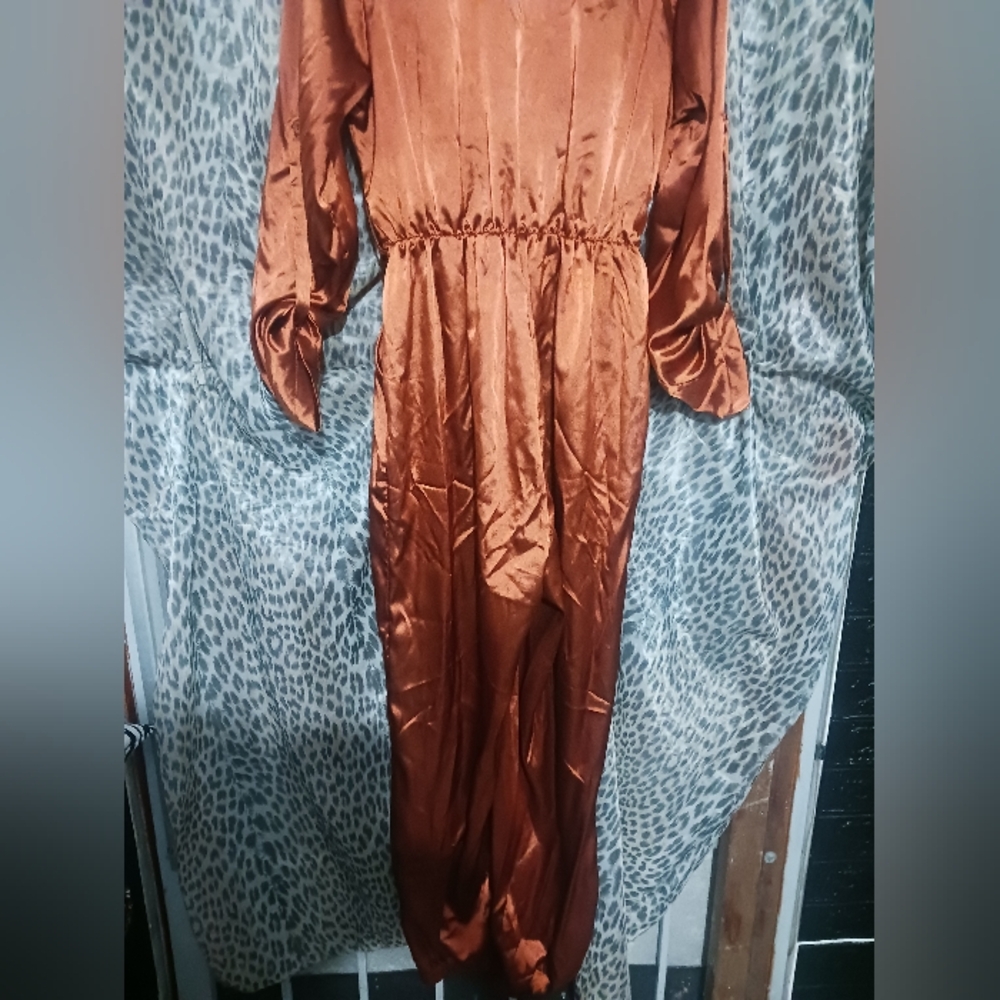 Women Bronzer Orange Color Butyon Down Wrap Jumpsuit - Picture 8 of 14